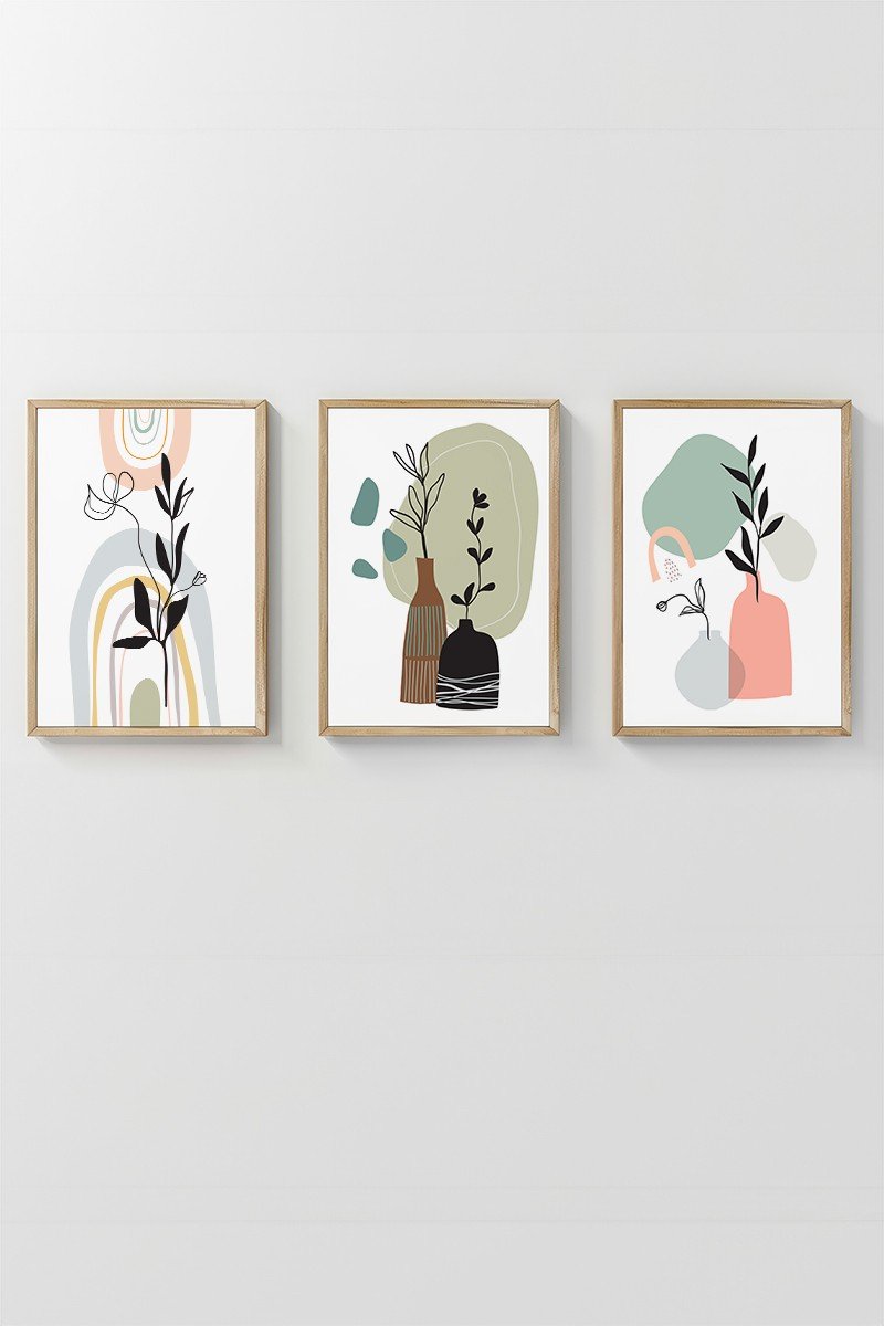 Conjunto 3 Quadros Emoldurados Pastel Leaves