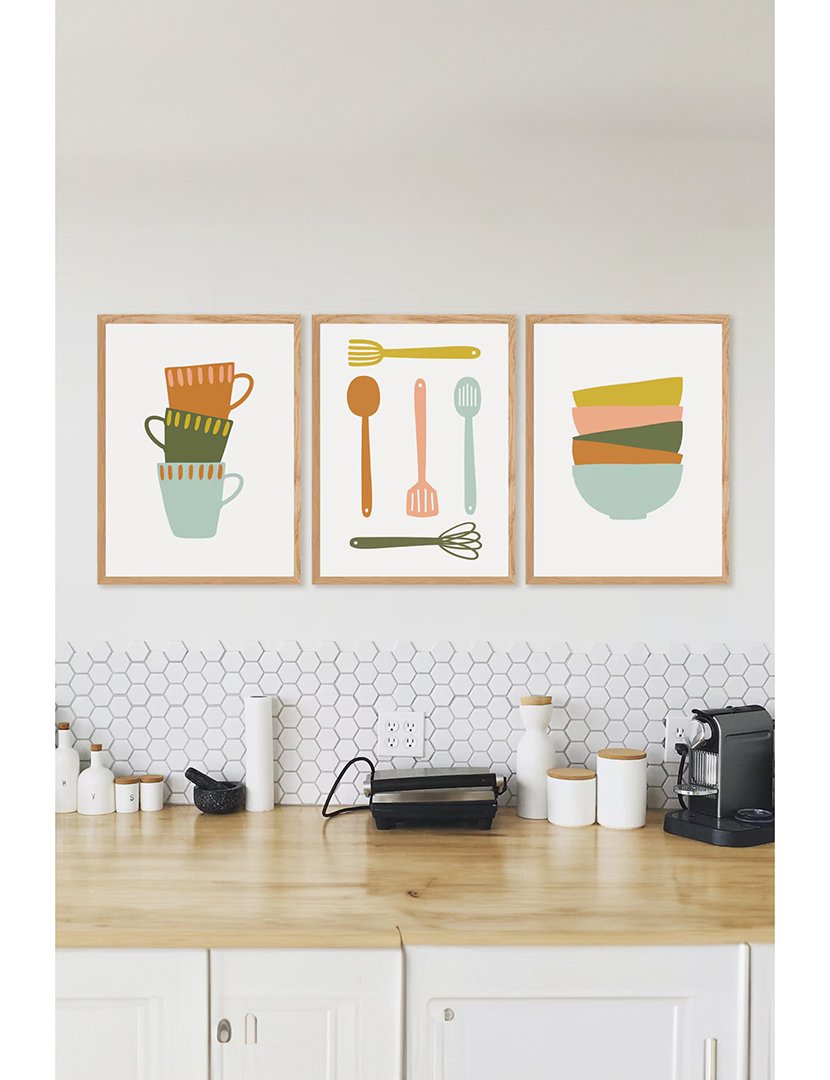 Conjunto 3 Quadros Emoldurados Kitchen Utensils