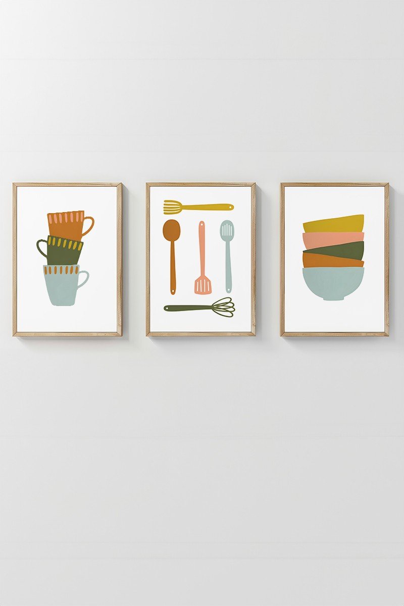 Conjunto 3 Quadros Emoldurados Kitchen Utensils