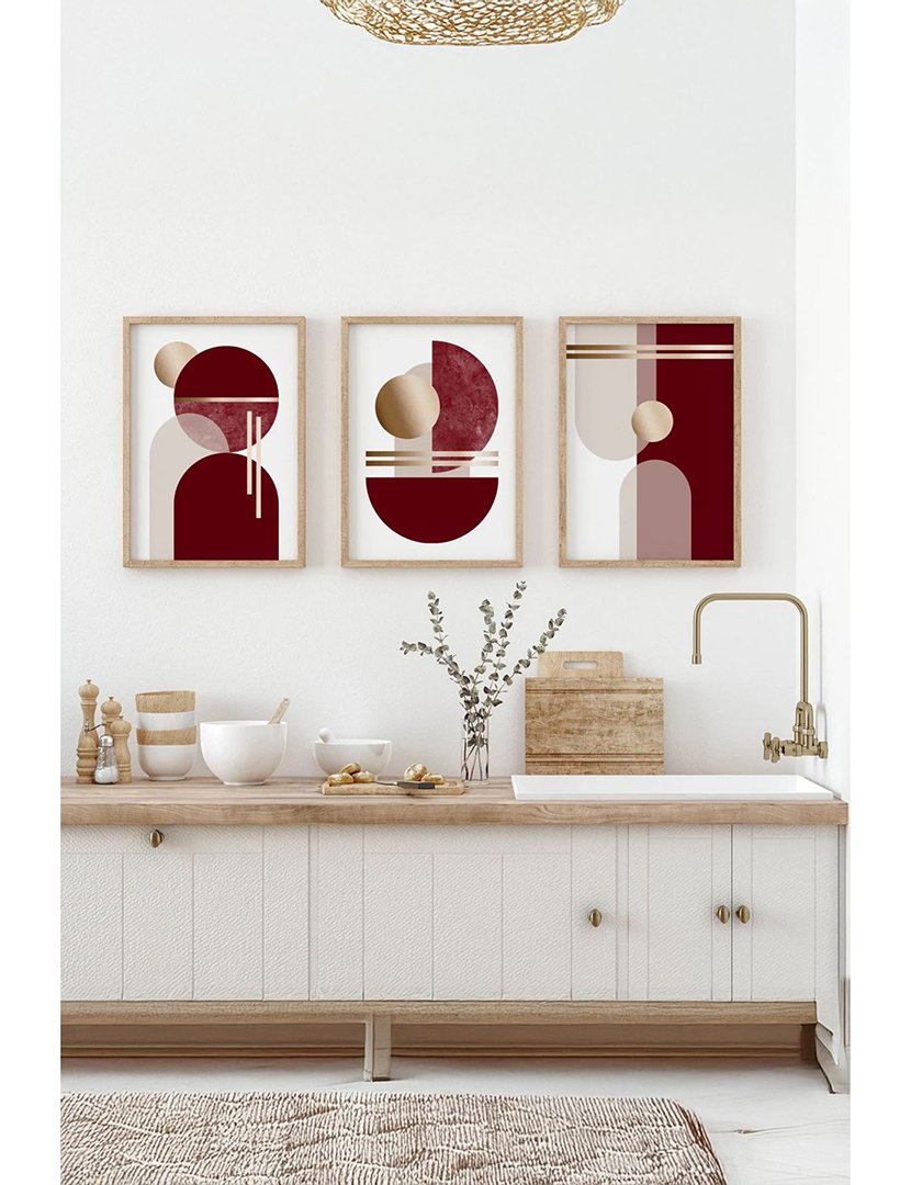 Conjunto 3 Quadros Emoldurados Burgundy Mid Century
