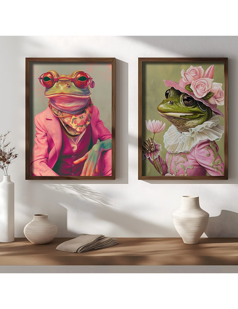 Conjunto 2 Quadros MDF Emoldurados Fancy Frogs