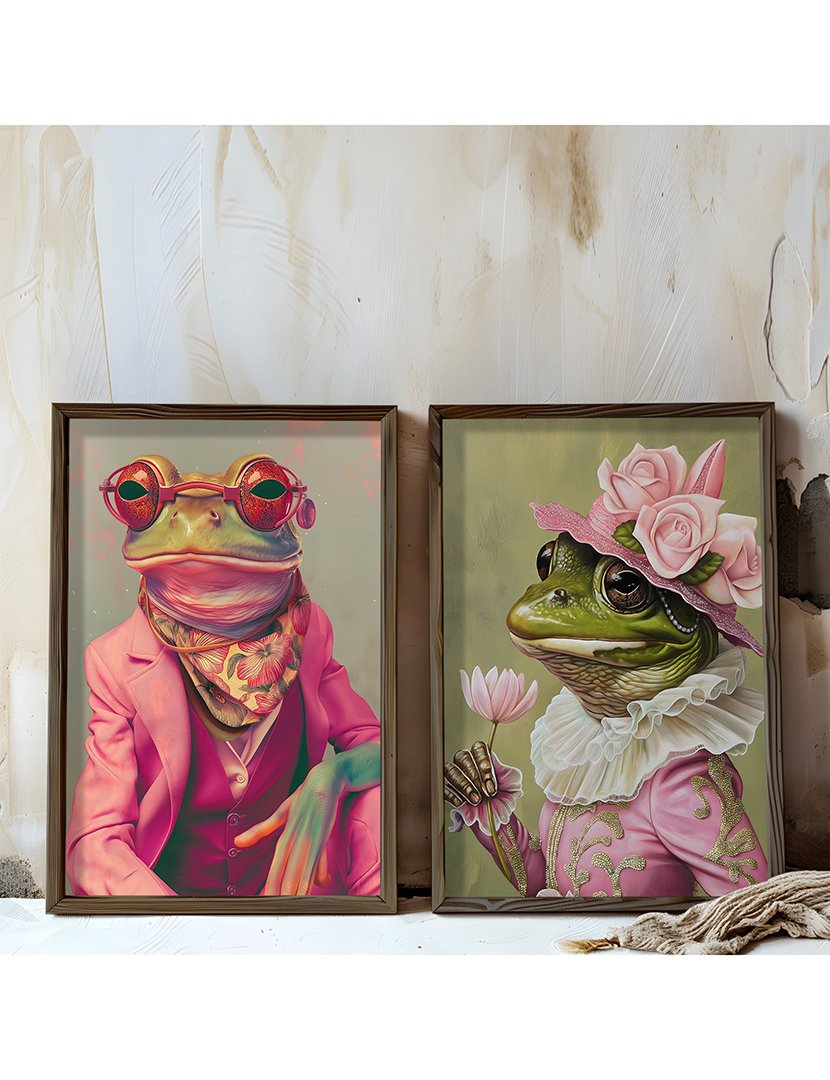 Conjunto 2 Quadros MDF Emoldurados Fancy Frogs