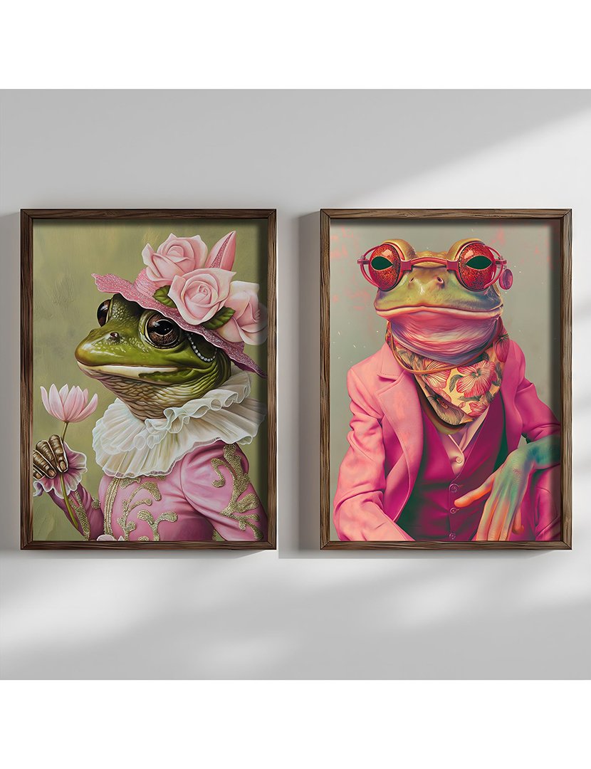 Conjunto 2 Quadros MDF Emoldurados Fancy Frogs