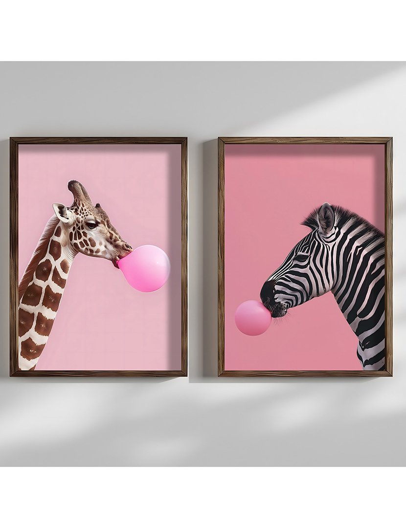 Conjunto 2 Quadros MDF Emoldurados Zoo Bubblegum