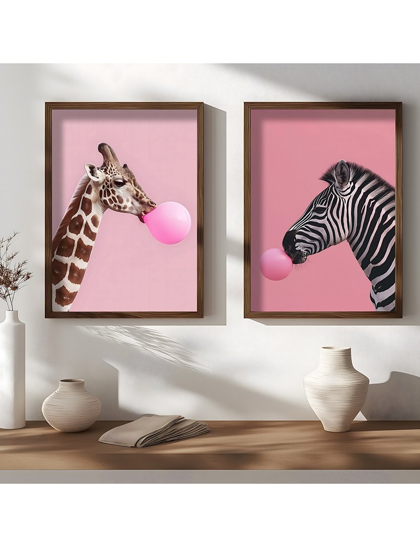 Conjunto 2 Quadros MDF Emoldurados Zoo Bubblegum