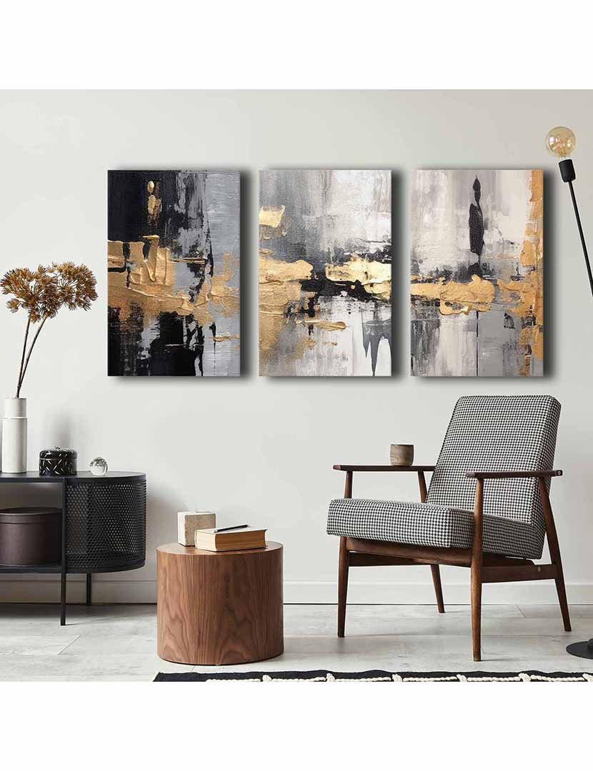 Conjunto 3 Telas Abstract Cinza Gold