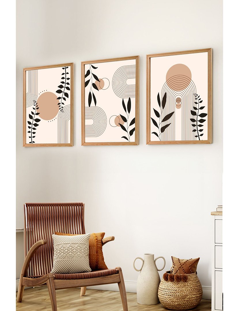 Conjunto 3 Quadros MDF Emoldurados Leaves Mid Century