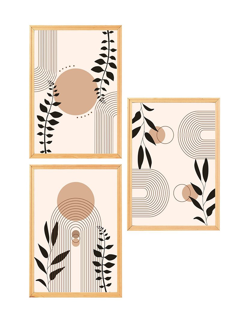 Conjunto 3 Quadros MDF Emoldurados Leaves Mid Century