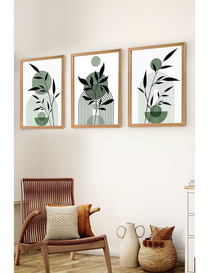 Conjunto 3 Quadros MDF Emoldurados Green Leaves
