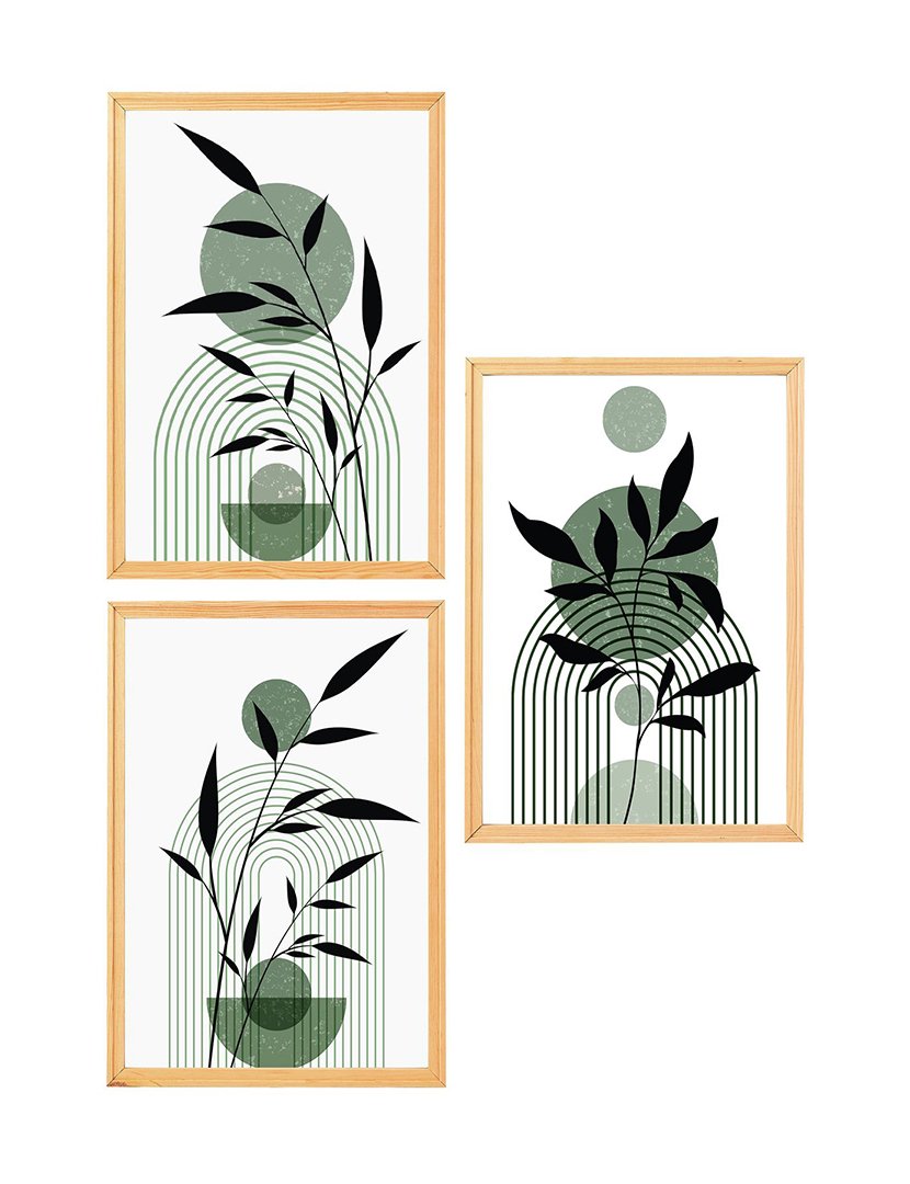 Conjunto 3 Quadros MDF Emoldurados Green Leaves