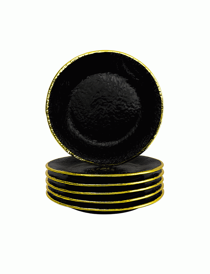 Conjunto 6 Pratos Sobremesa 20 cm Preta Dourado/Preto