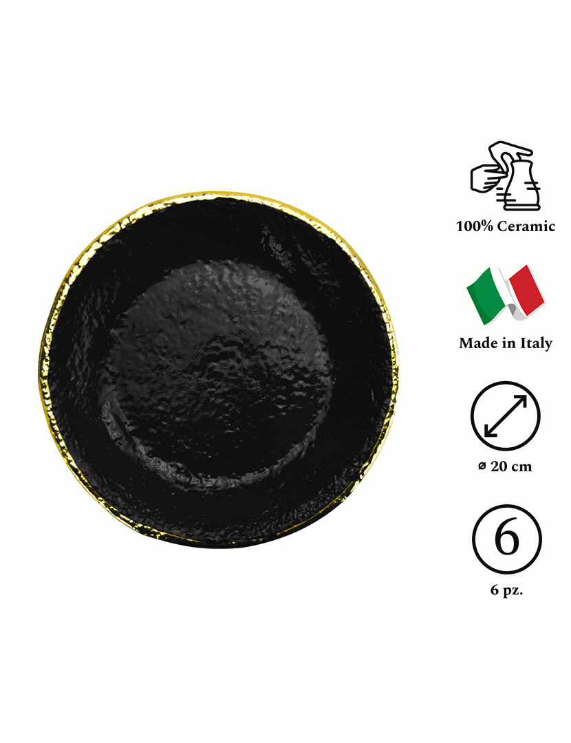 Conjunto 6 Pratos Sobremesa 20 cm Preta Dourado/Preto