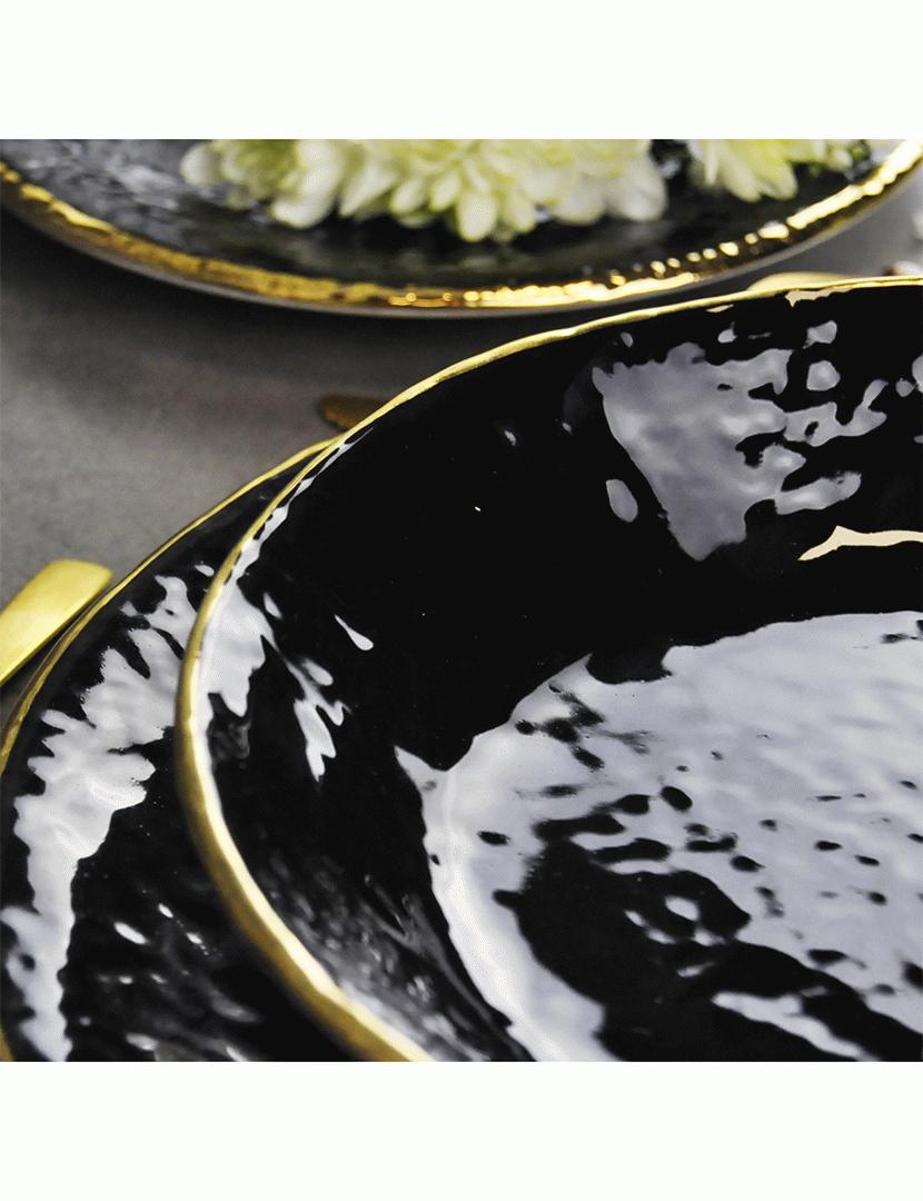 Conjunto 6 Pratos Rasos 26 cm Preta Dourado/Preto