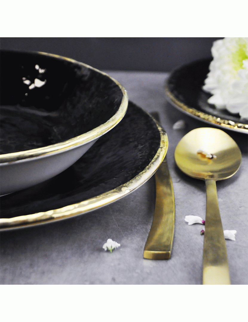 Conjunto 6 Pratos Rasos 26 cm Preta Dourado/Preto