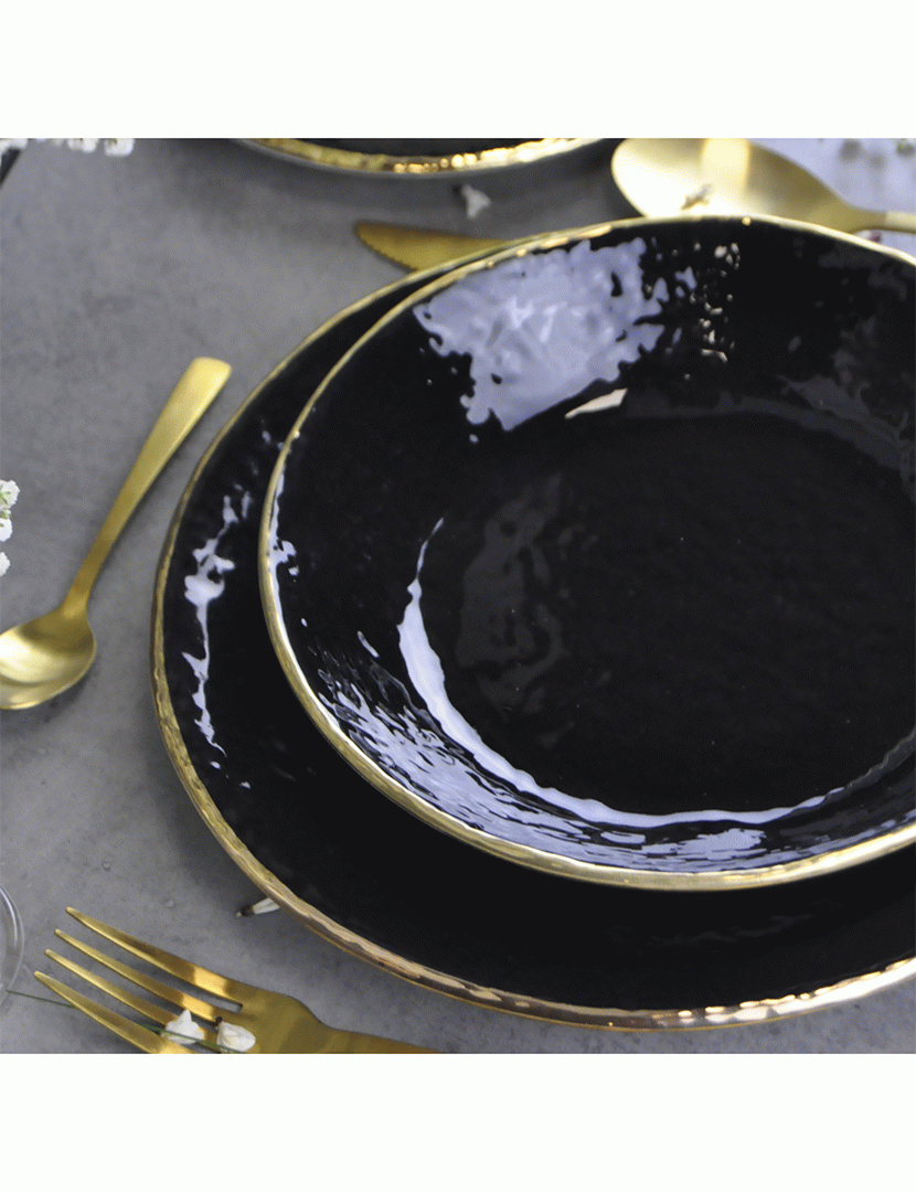 Conjunto 6 Pratos Rasos 26 cm Preta Dourado/Preto