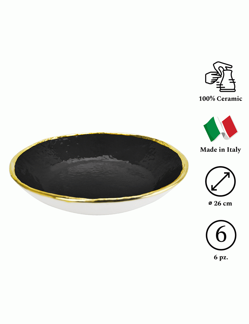 Conjunto 6 Pratos Fundos 21 cm Preta Dourado/Preto