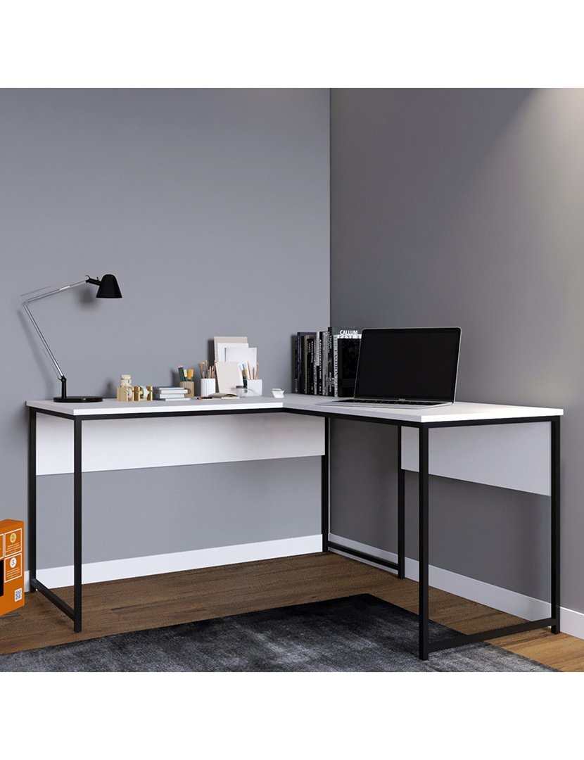 Mesa formato de L revestida em melamina branca