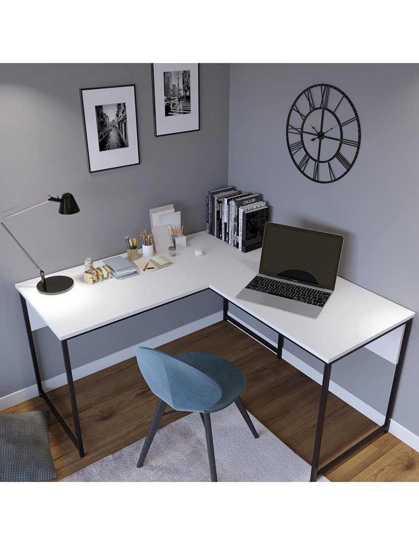 Mesa formato de L revestida em melamina branca