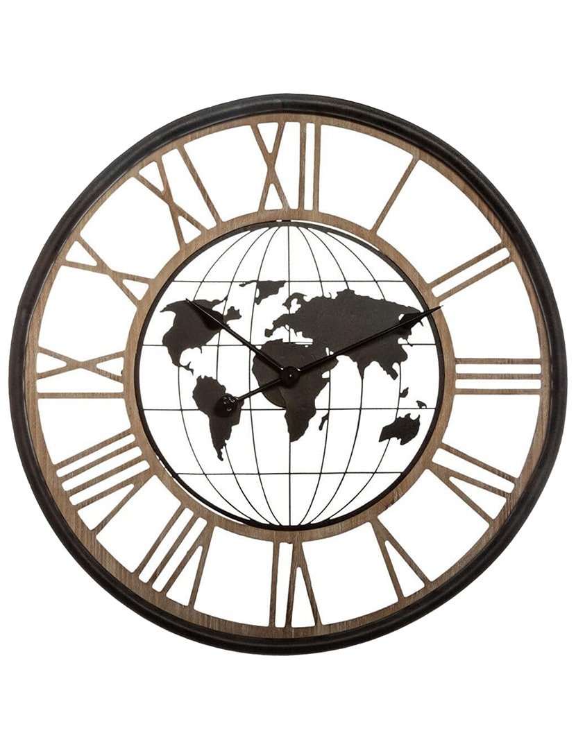 Relógio mecânico de metal mapa-múndi