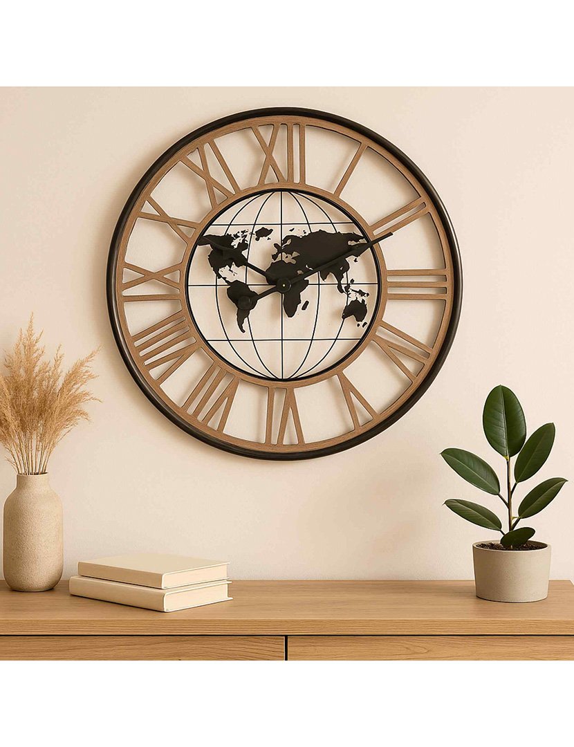 Relógio mecânico de metal mapa-múndi