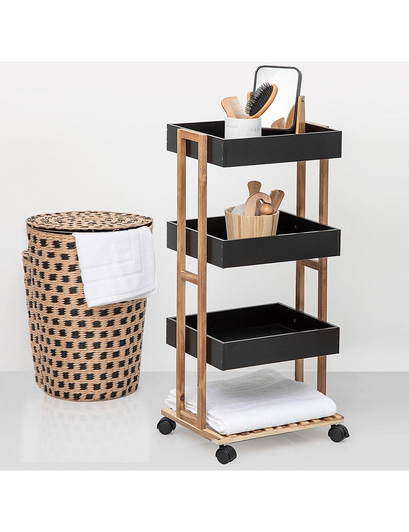 Carrinho de armazenamento em bambu Preto