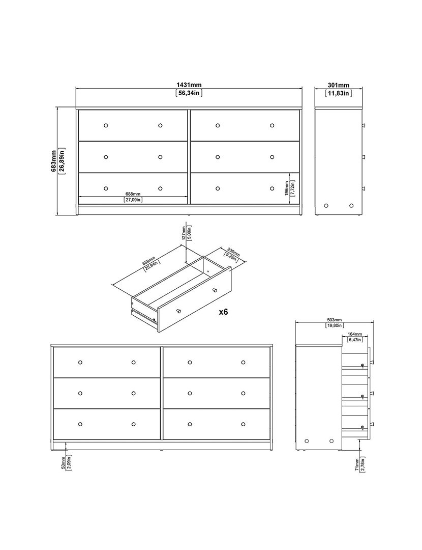 Aparador duplo Ebro com 6 gavetas Preto