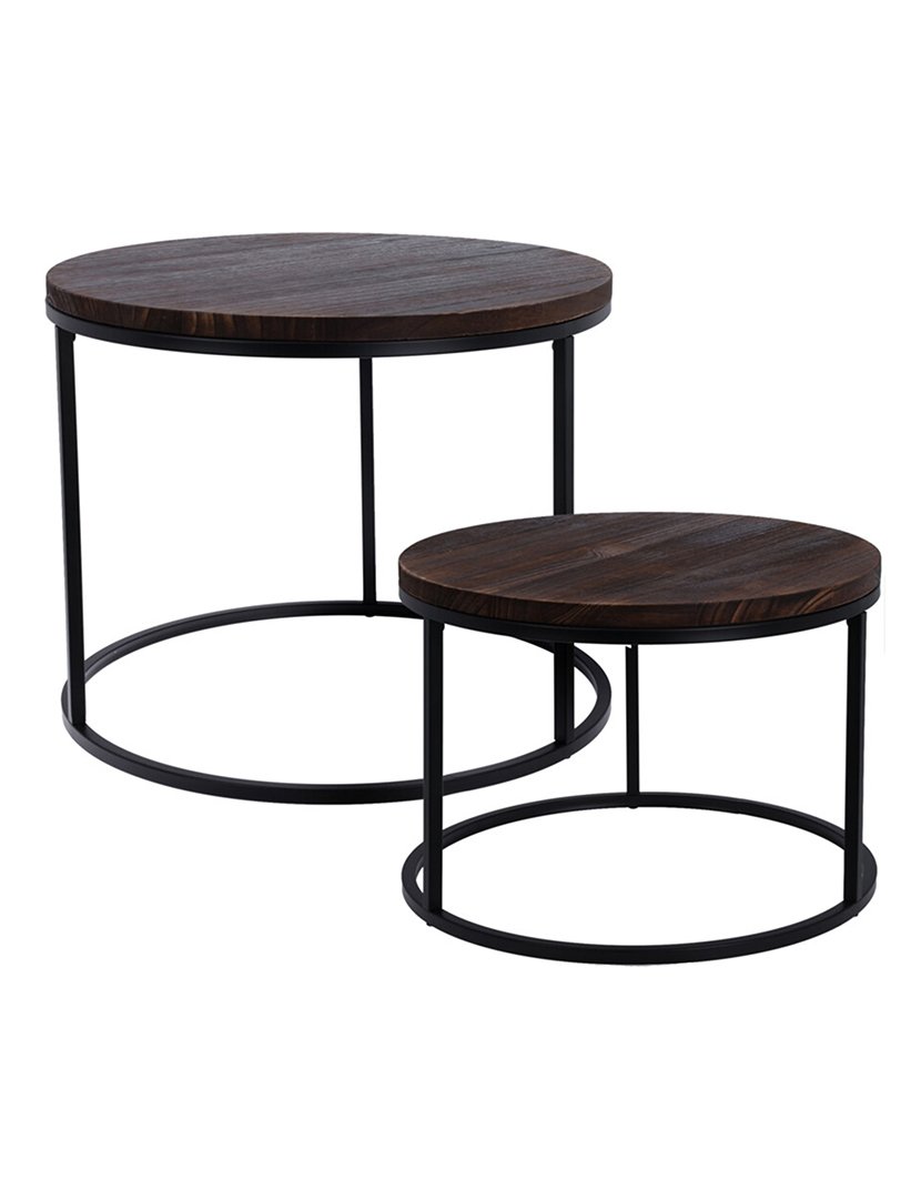 Conjunto de 2 mesas de ferro com tampo de madeira
