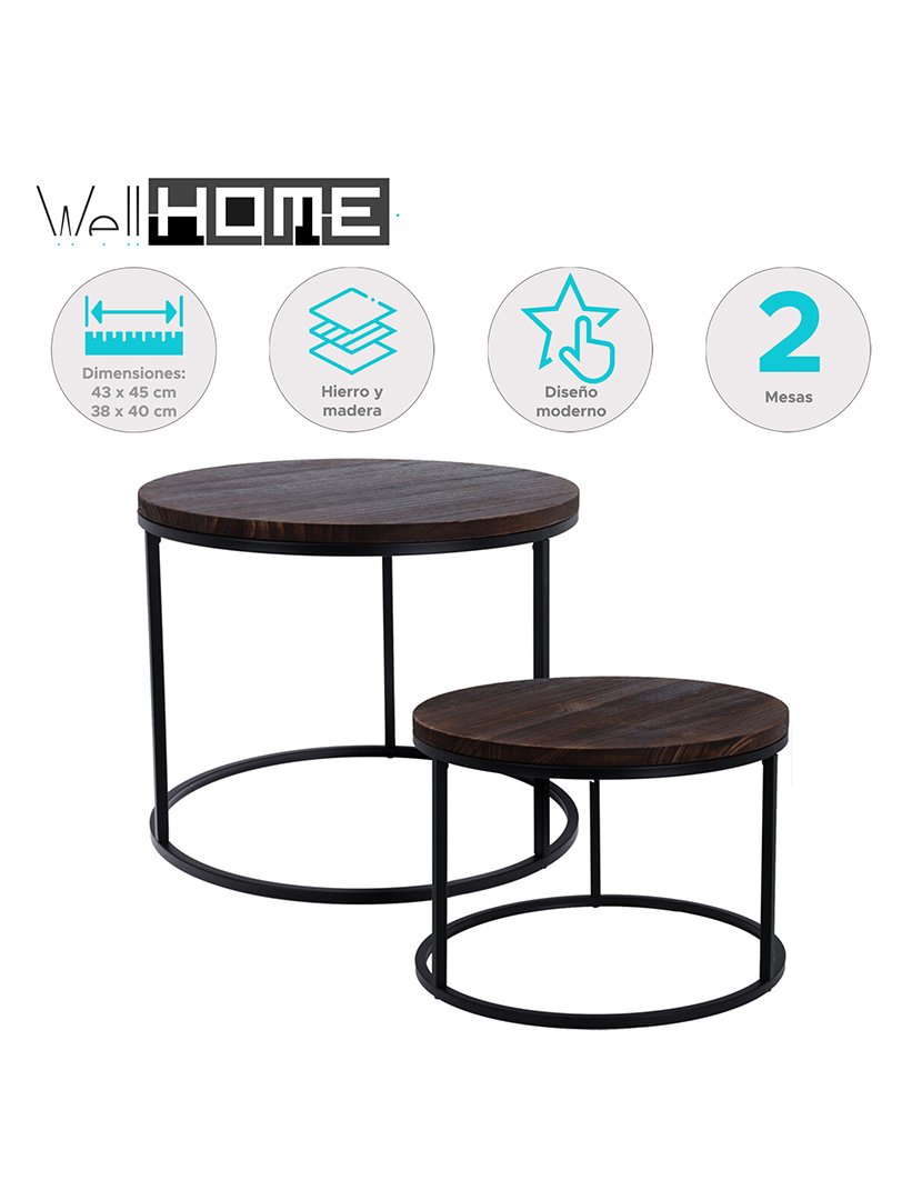 Conjunto de 2 mesas de ferro com tampo de madeira