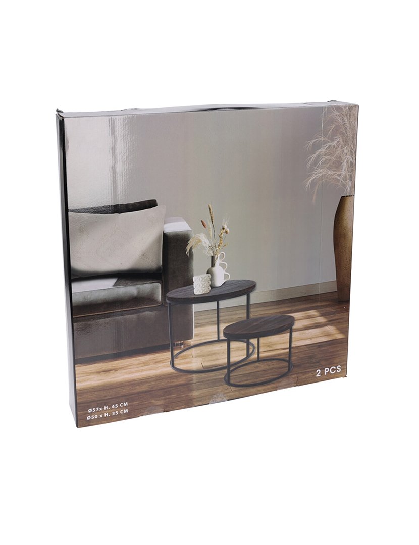 Conjunto de 2 mesas de ferro com tampo de madeira