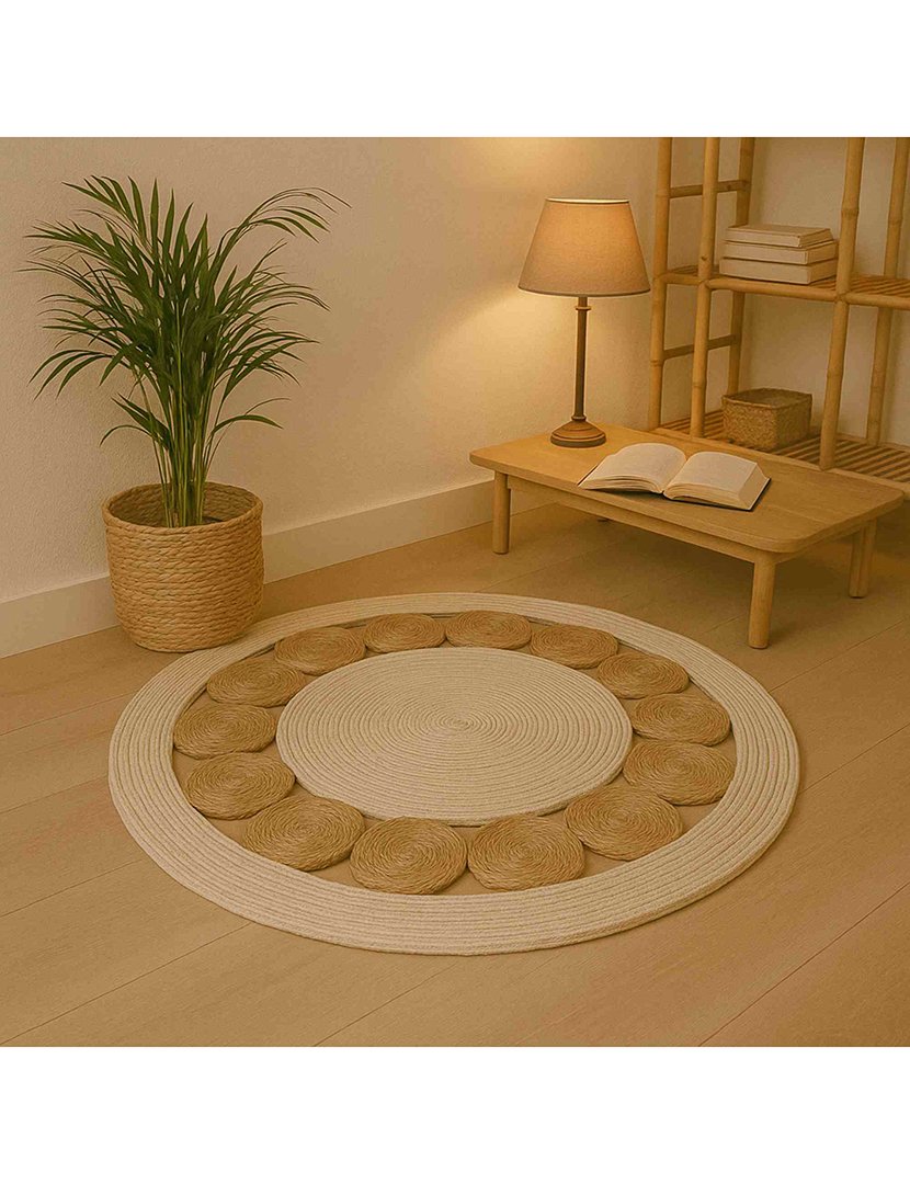 Tapete redondo de folhas de taboa e milho