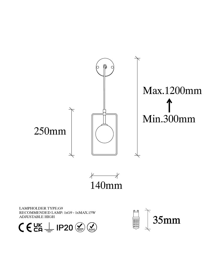 Candeeiro de Parede 14x15x40cm Preto