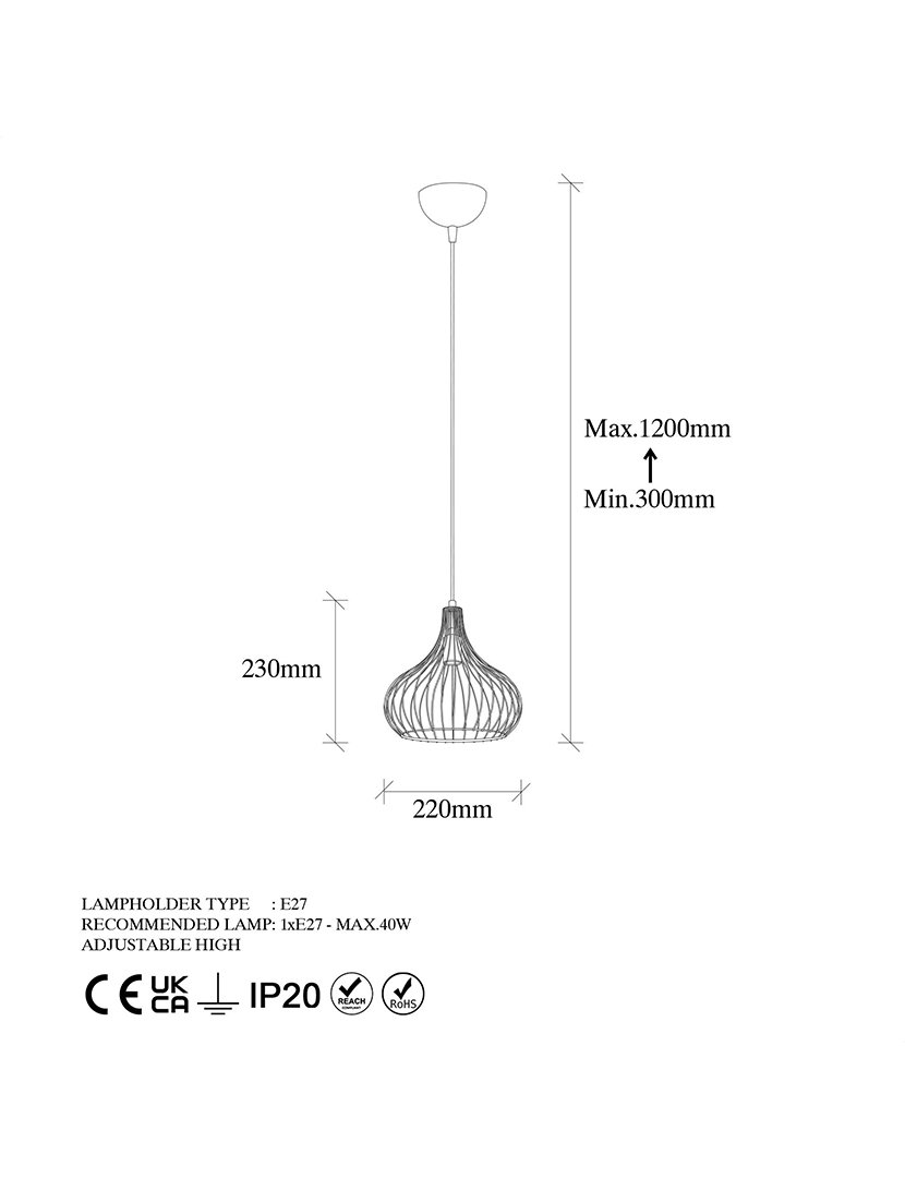 Candeeiro de Teto 22x22x120cm Dourado Brilhante