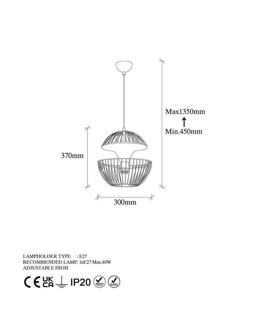 Candeeiro de Teto 30x30x45/135cm Amarelo