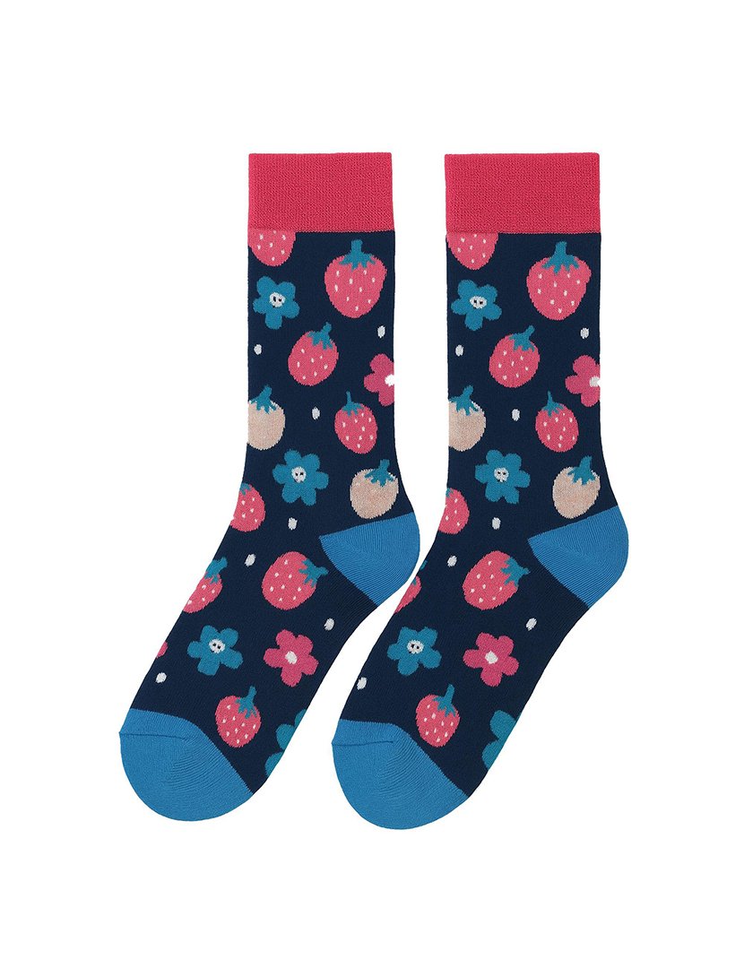 Meias Altas Unisexo com Estampado Morangos e Flores Multicolorido