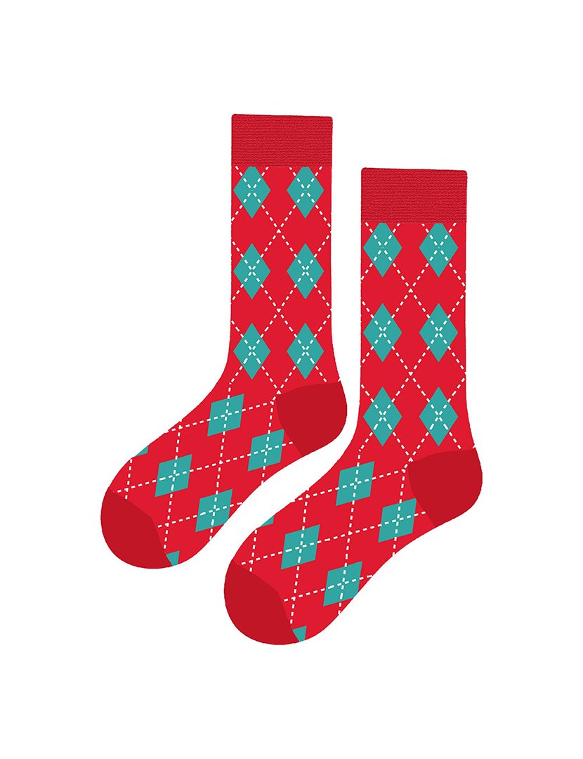 Meias Altas Unisexo com Estampado Losângulos Verde e Vermelho