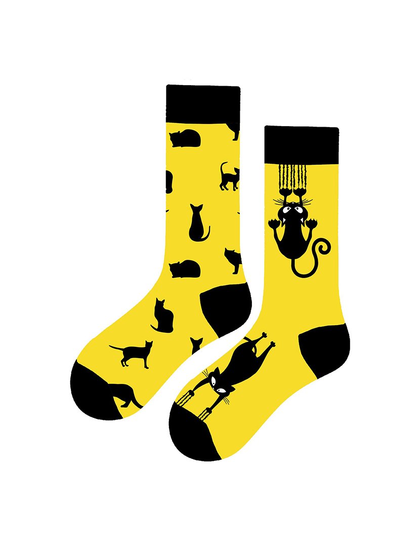 Meias Altas Unisexo com Estampado Gato Amarelo e Preto