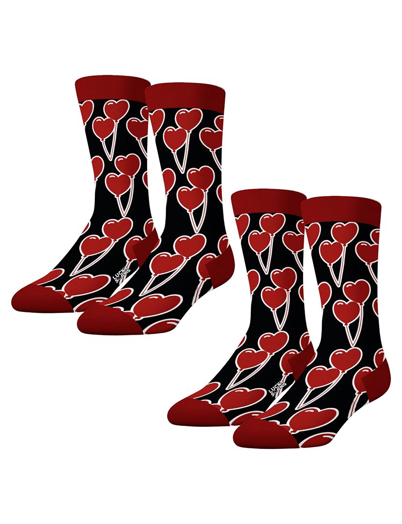 Pack 2 Pares Meias Altas Unisexo com Estampado Corações Preto e Vermelho