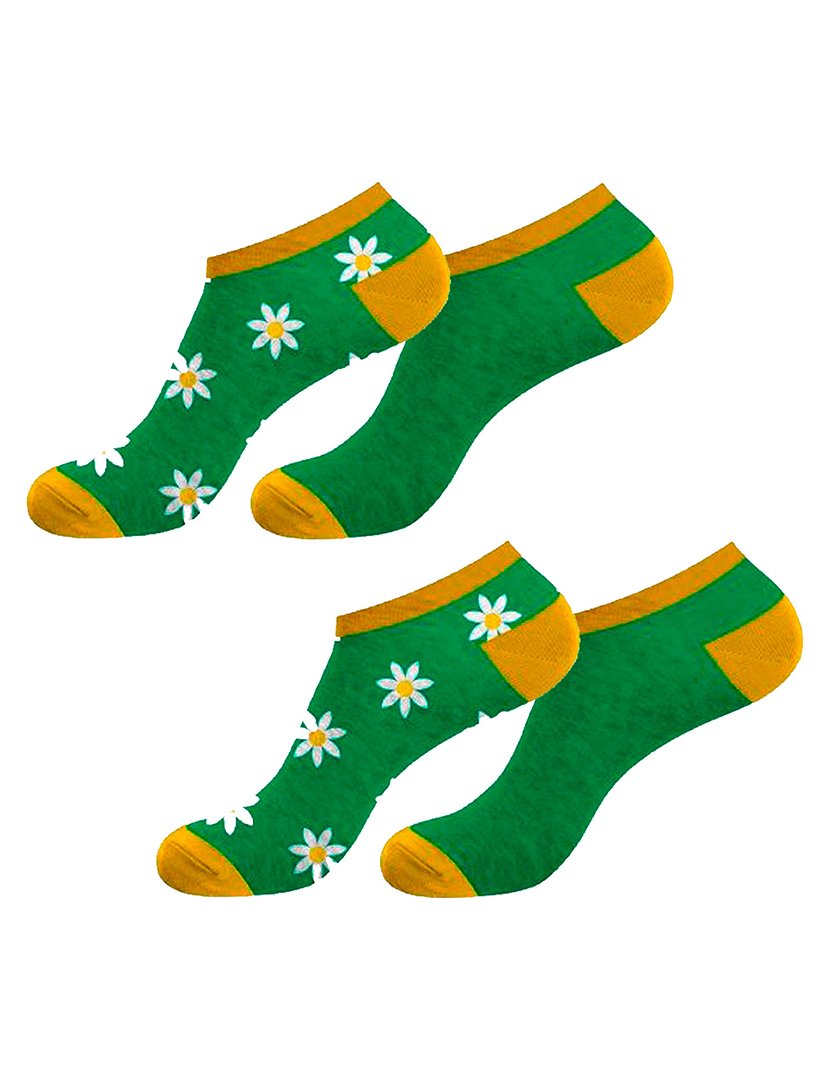 Pack 2 Pares Meias Curtas Unisexo com Estampado Flores Verde e Amarelo