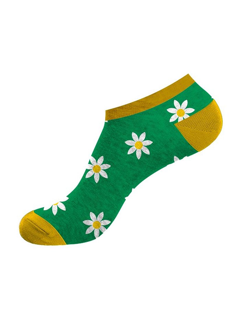 Pack 2 Pares Meias Curtas Unisexo com Estampado Flores Verde e Amarelo