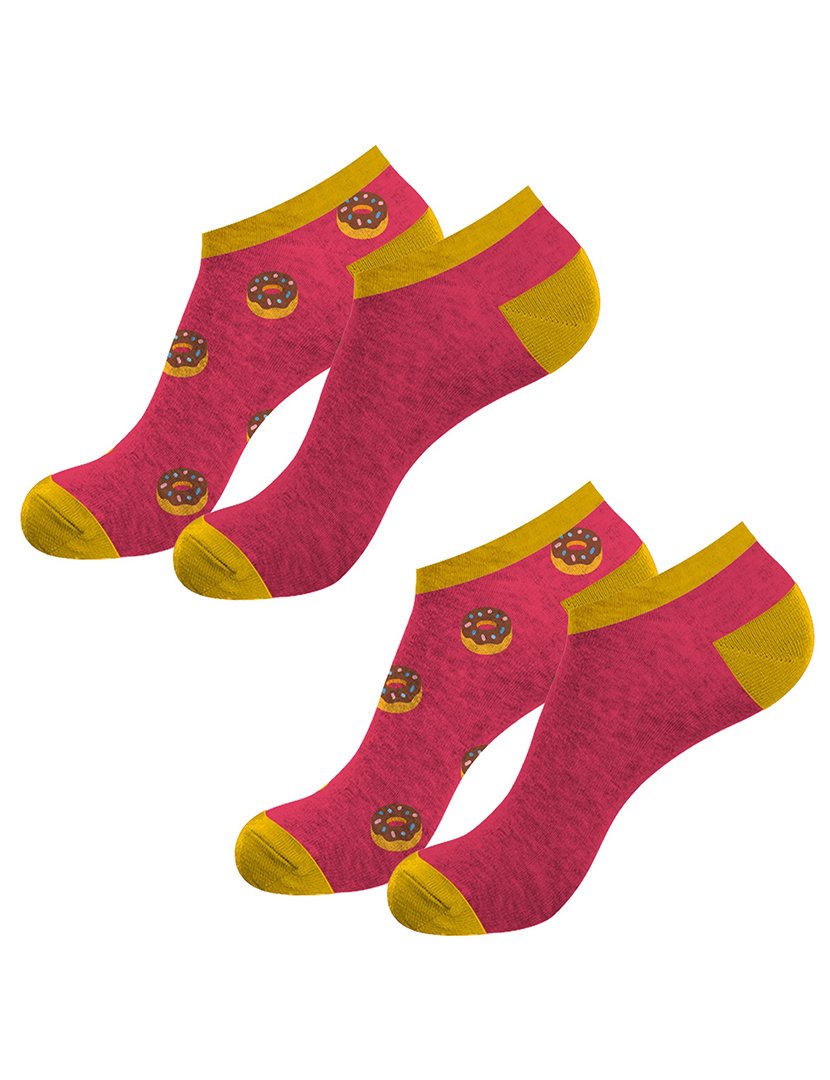 Pack 2 Pares Meias Curtas Unisexo com Estampado Donut Rosa e Amarelo