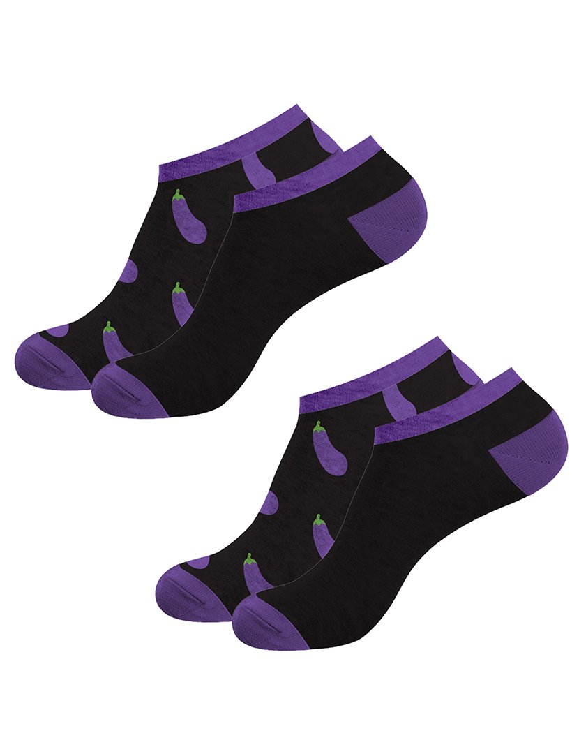Pack 2 Pares Meias Curtas Unisexo com Estampado Beringela Preto e Roxo