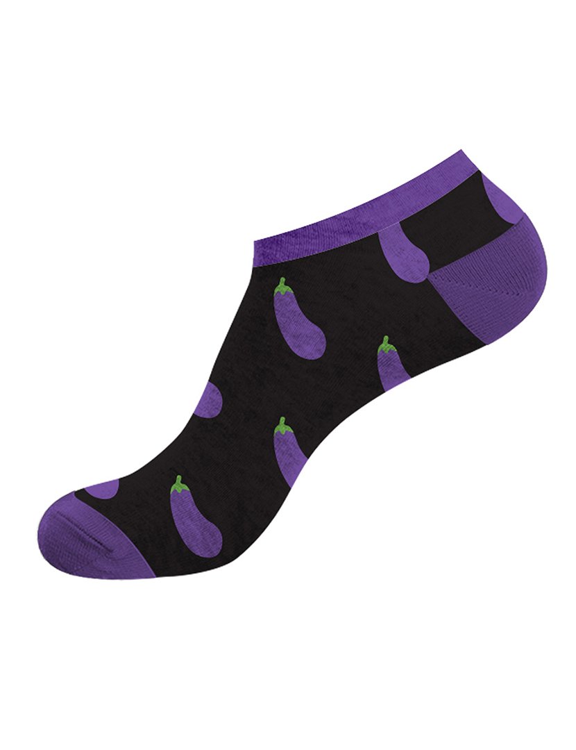 Pack 2 Pares Meias Curtas Unisexo com Estampado Beringela Preto e Roxo