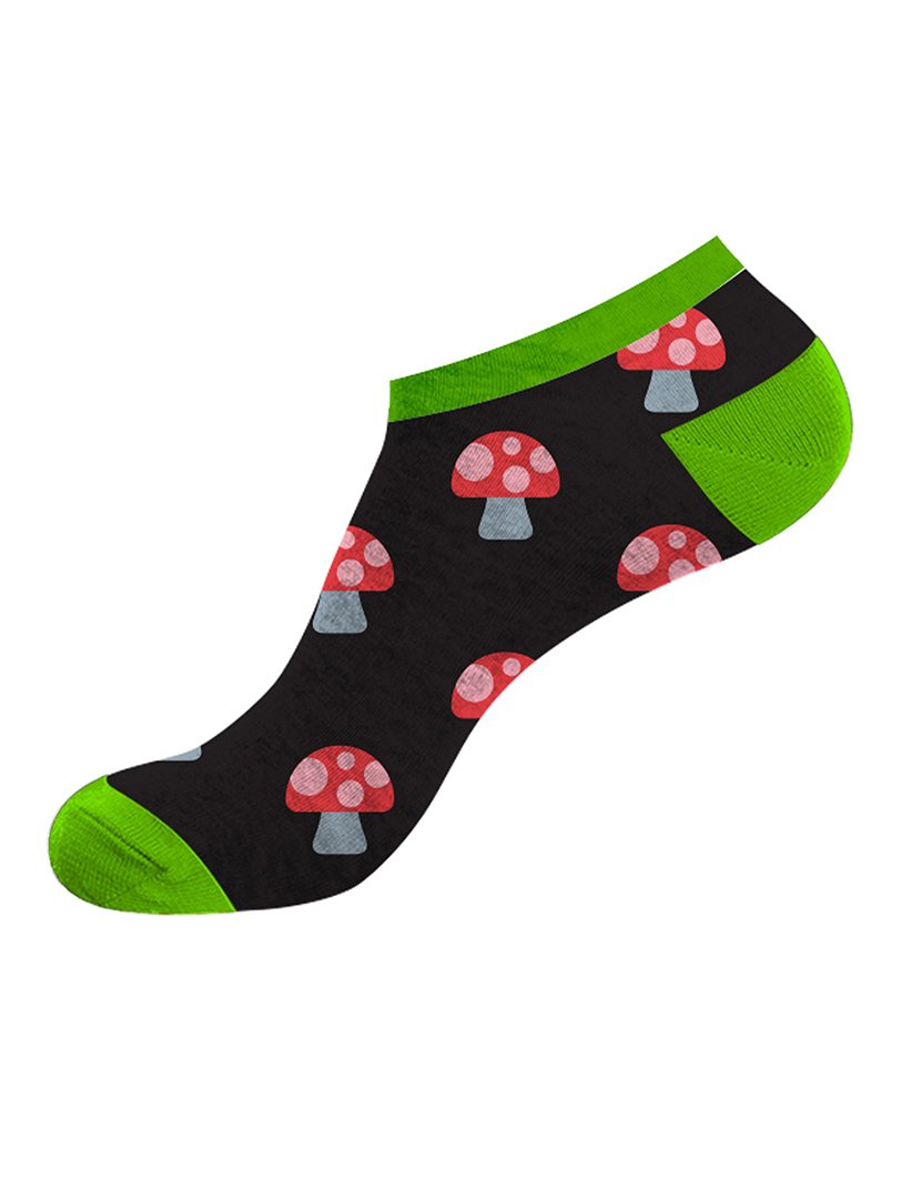 Pack 2 Pares Meias Curtas Unisexo com Estampado Cogumelo Preto e Verde