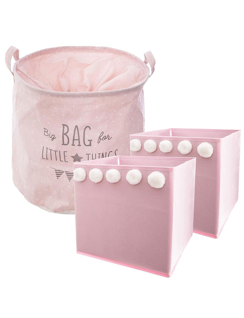 Conjunto Cesto de Arrumação Infantil + 2 Caixas de Arrumação Rosa