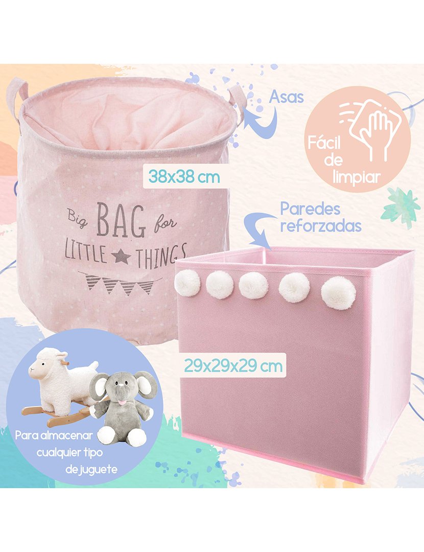 Conjunto Cesto de Arrumação Infantil + 2 Caixas de Arrumação Rosa