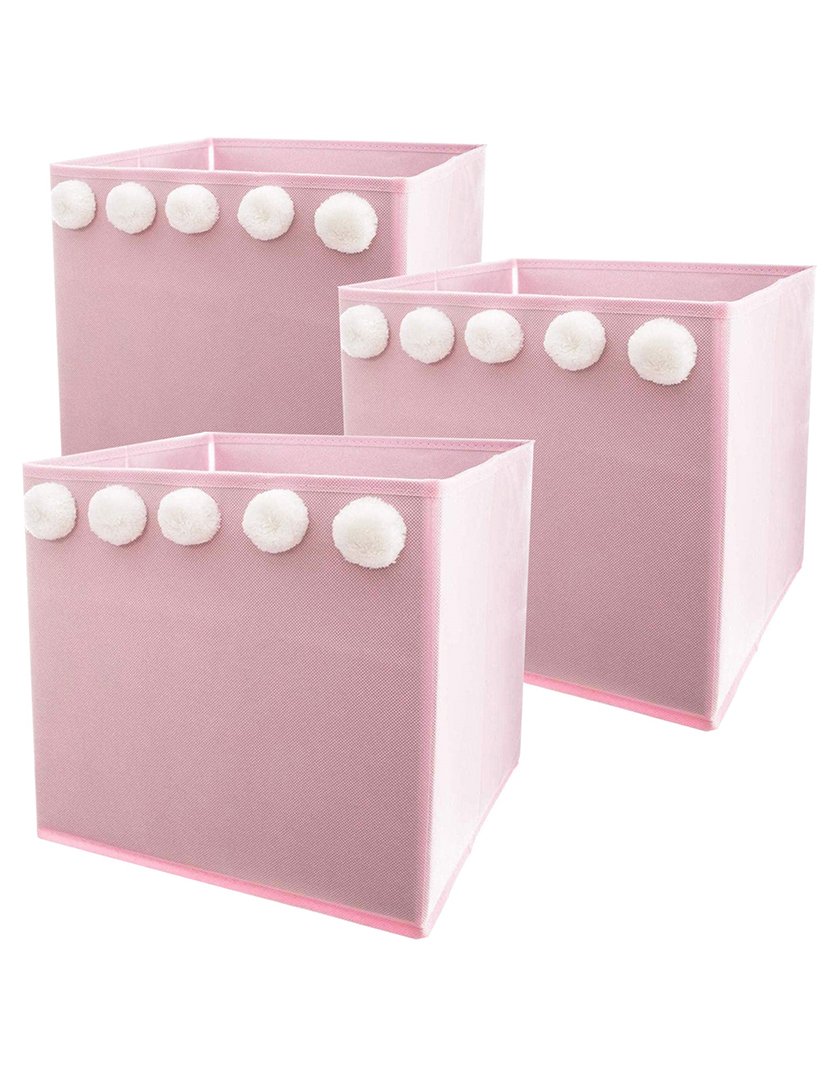 Conjunto de 3 Caixas de Armazenamento Infantil com Pompons Rosa