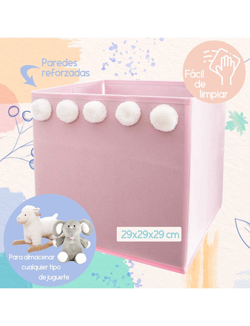 Conjunto de 3 Caixas de Armazenamento Infantil com Pompons Rosa