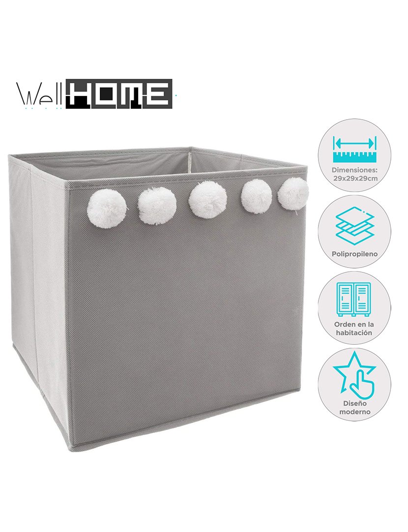 Caixa de Arrumação Infantil com Pompons Cinzento