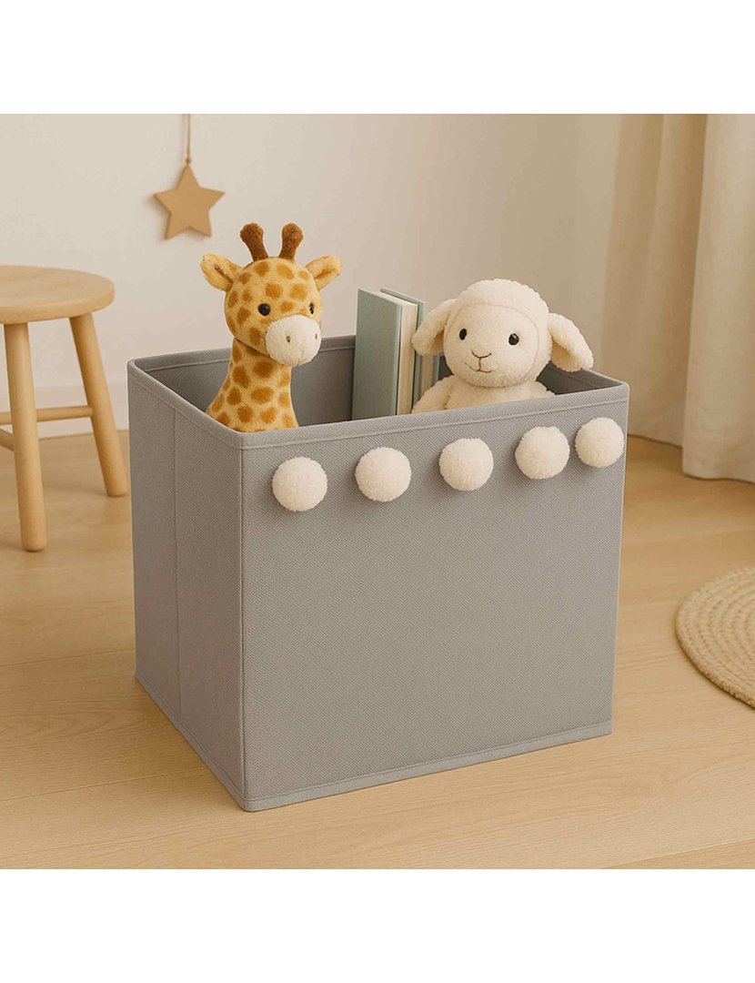 Caixa de Arrumação Infantil com Pompons Cinzento