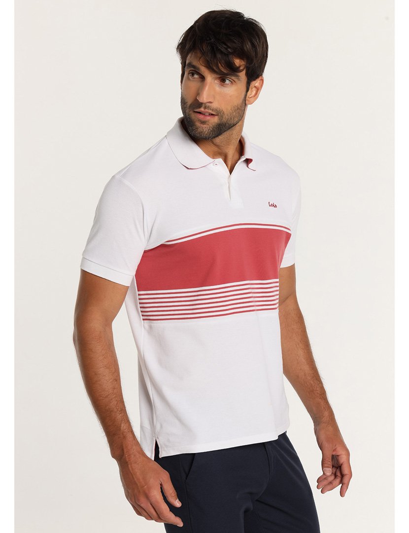 Pólo Homem com Listras Branco e Rosa